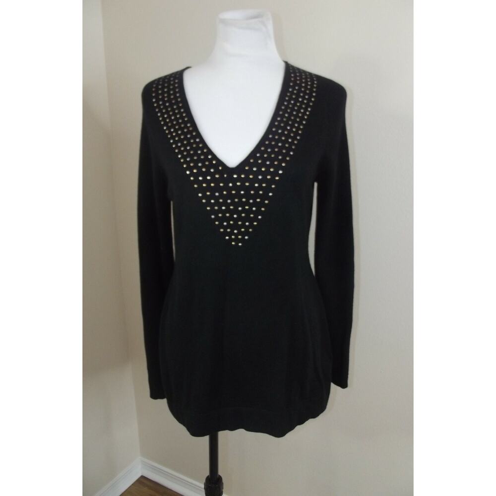 KENNETH COLE Reaction PULLOVER V-NECK SWEATER - Size LARGE - Black Embellished